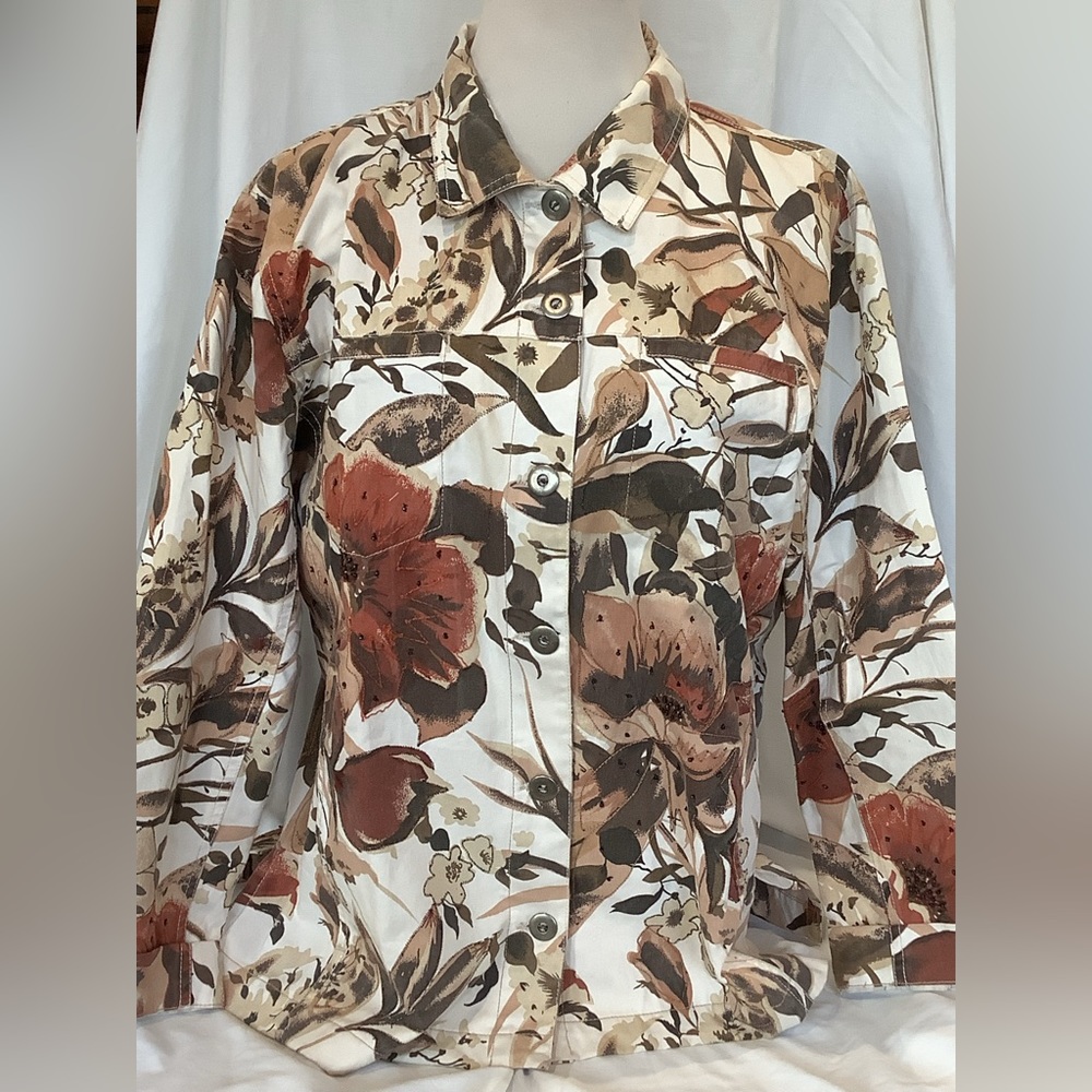 VTG Chicos Beaded Floral Jacket Large Brown 2 pockets